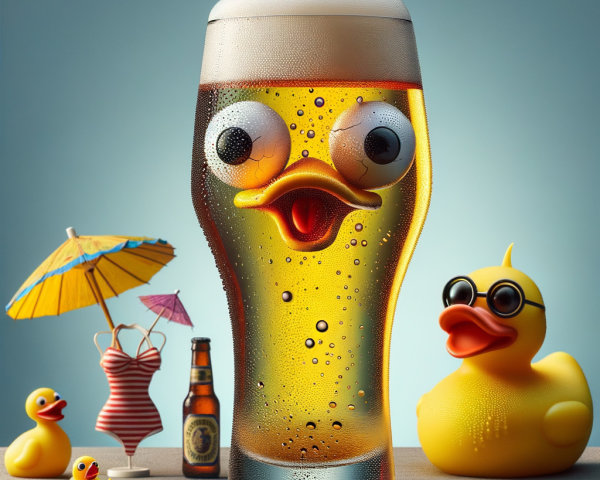 Playful Beach Scene with Cartoonish Beer Glass and Ducks