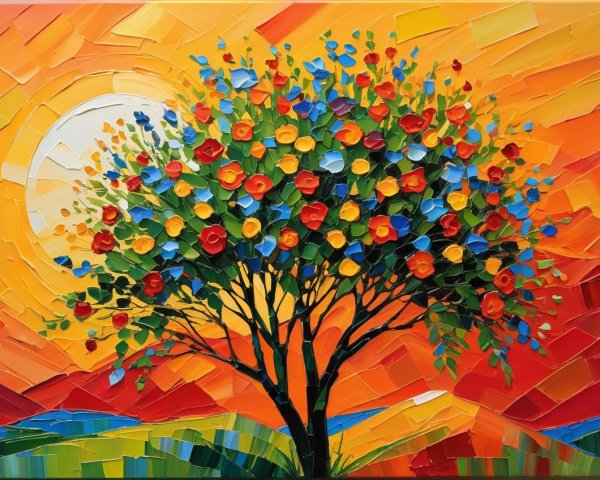 Impressionistic Painting of Tree with Colorful Blooms