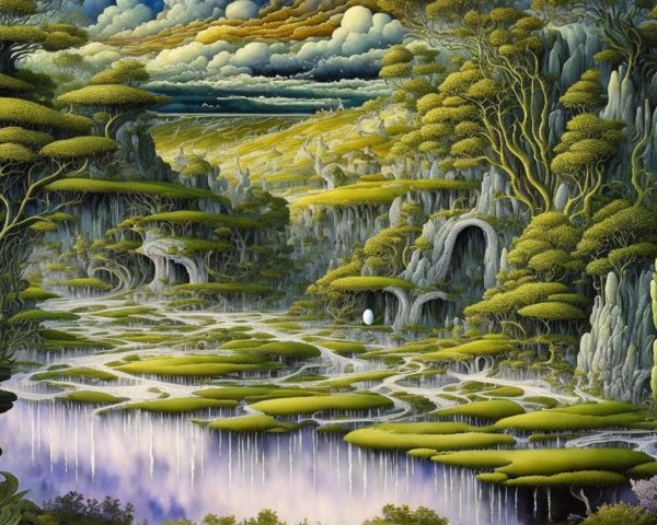 Surreal Landscape with Lush Greenery and Unique Features