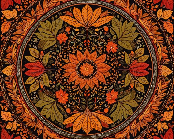 Autumn-Inspired Circular Design with Leaves and Flowers