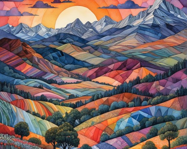 Vibrant Landscape with Sunset Over Rolling Hills