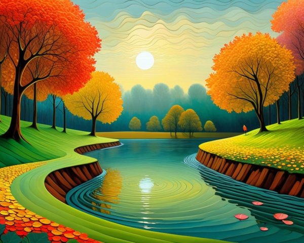 Serene Autumn Landscape with Winding River and Trees