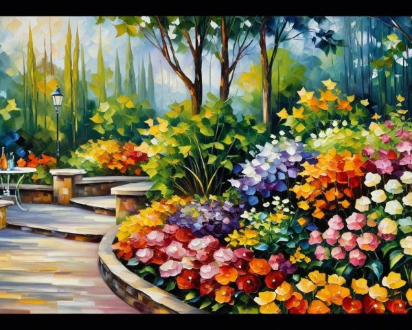 Vibrant Garden with Colorful Flowers and Stone Pathway