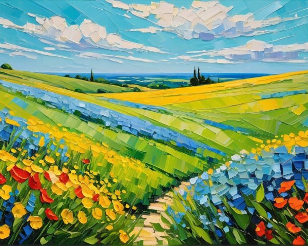 Vibrant Landscape with Hills and Colorful Flowers