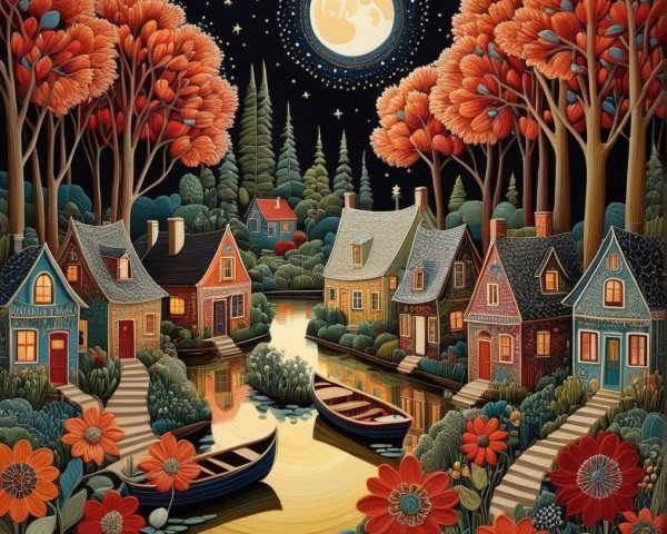 Colorful Evening Scene with Whimsical Houses and Moon