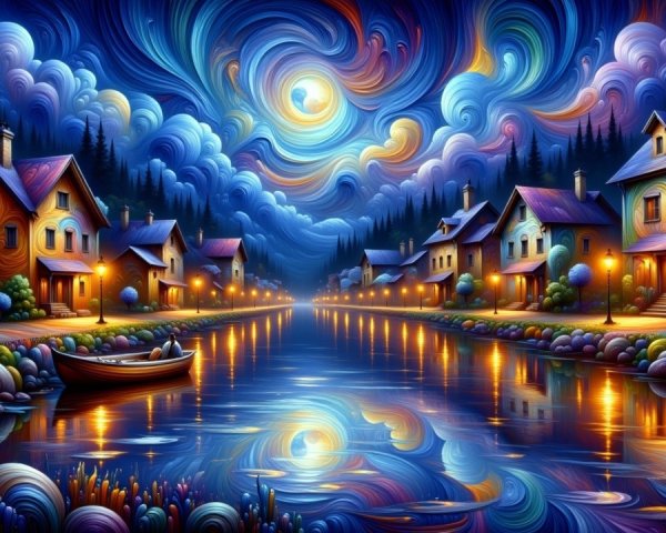 Vibrant Night Scene of a Village by a River