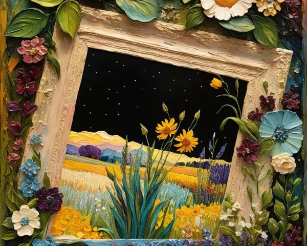 Vibrant Textured Landscape Painting with Floral Frame