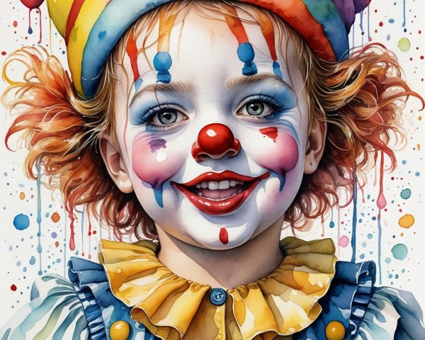Cheerful clown child with vibrant hair and colorful attire