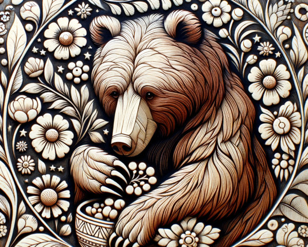 Carved Bear Surrounded by Floral Frame Artwork