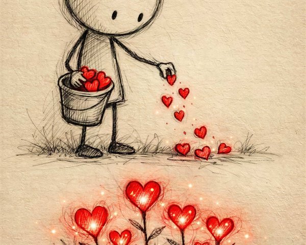 Whimsical Cartoon Stick Figure Sowing Heart Garden
