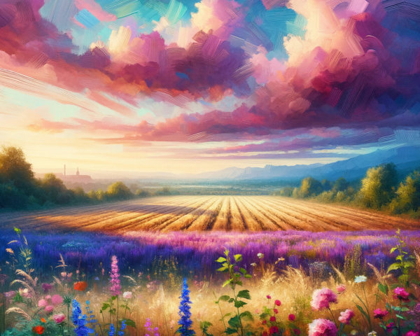 Vibrant Sunset Landscape with Wildflowers and Hills