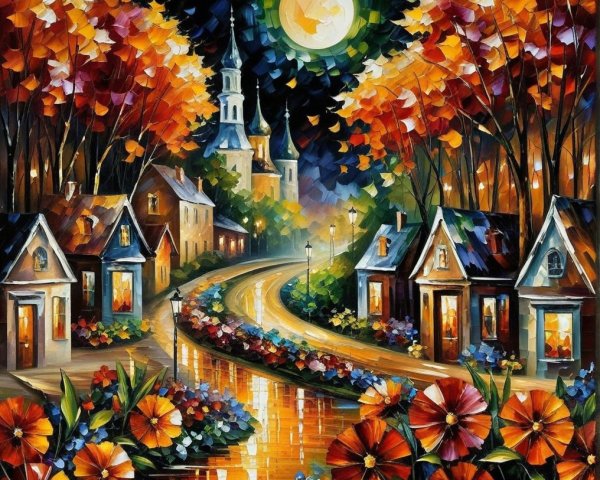 Vibrant Autumn Scene with Moonlit Road and Houses