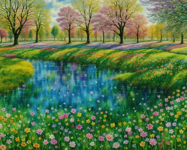Vibrant Spring Landscape with River and Wildflowers