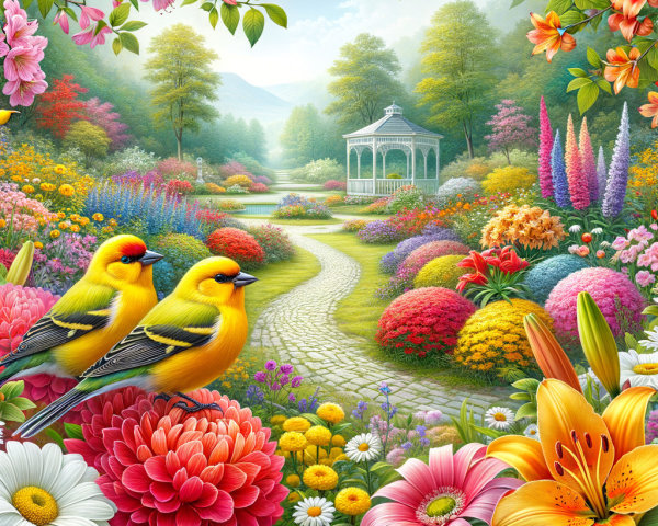 Vibrant garden scene with colorful flowers and birds