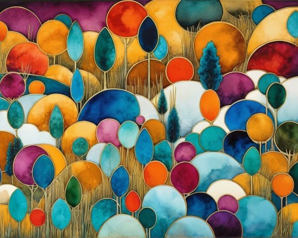 Vibrant Whimsical Landscape with Colorful Abstract Trees