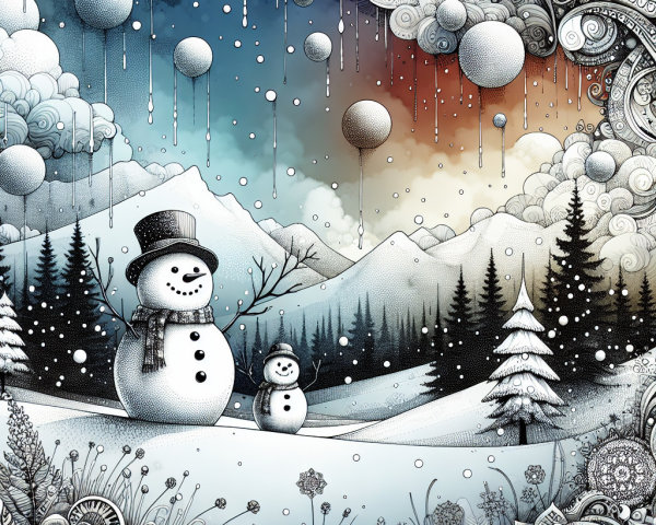 Whimsical Winter Landscape with Snowmen and Balloons