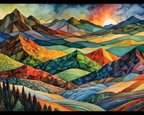 Vibrant Watercolor Landscape with Geometric Mountains
