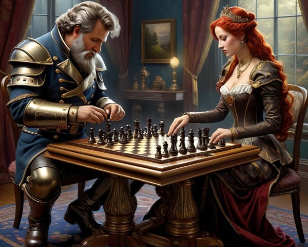 Knight and Noblewoman in Opulent Chess Match Scene