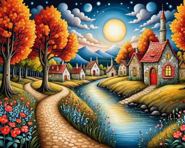 Whimsical Village Scene Under a Vibrant Night Sky