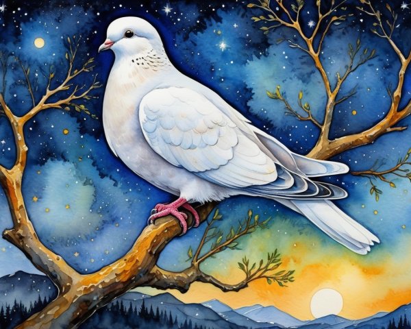 White Dove on Branch Against Starry Night Sky