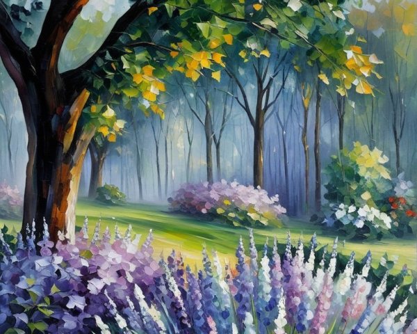 Vibrant Landscape Painting of a Lush Garden Scene
