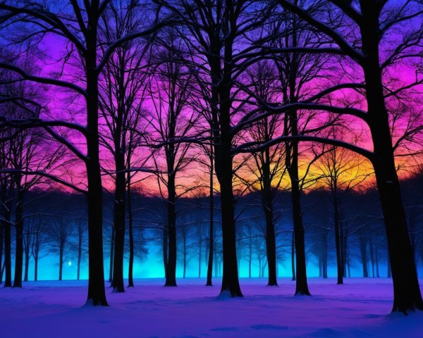 Vibrant Winter Forest at Sunset with Surreal Colors