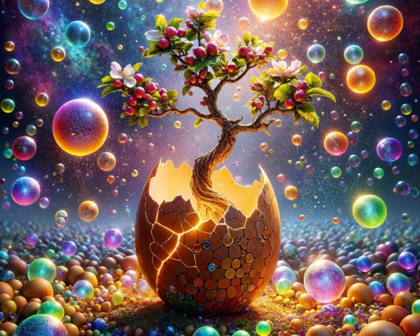 Surreal Scene of Tree from Cracked Golden Egg