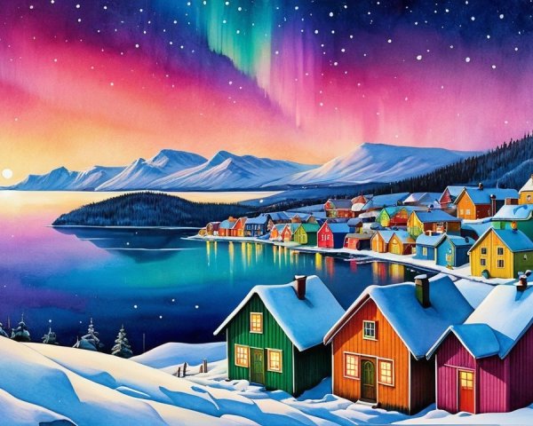 Vibrant Winter Landscape with Aurora Borealis Reflection