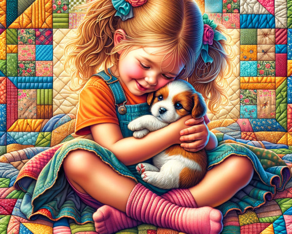 Young girl with puppy on colorful quilt