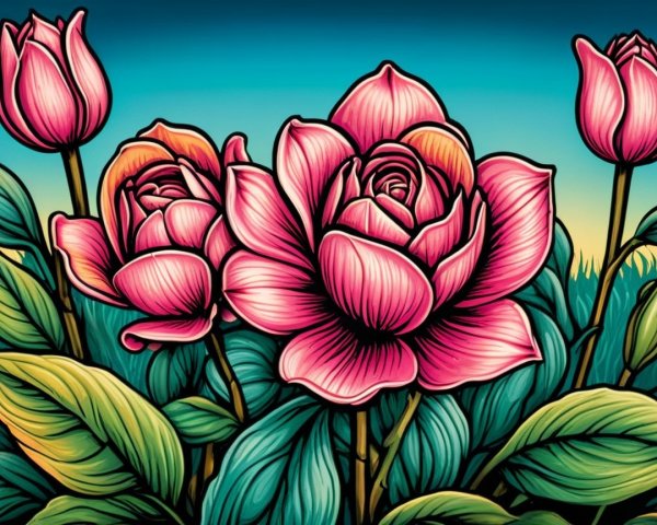 Vibrant Illustration of Blooming Roses and Leaves