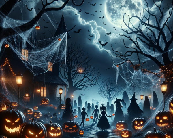 Spooky Halloween Scene with Moon and Jack-o'-Lanterns
