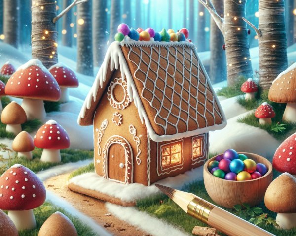 Gingerbread House in a Snowy Forest Setting
