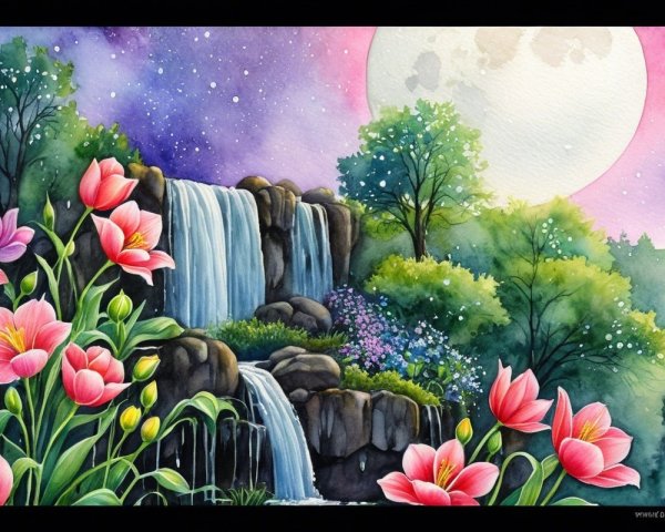 Cascading Waterfall in a Serene Moonlit Landscape