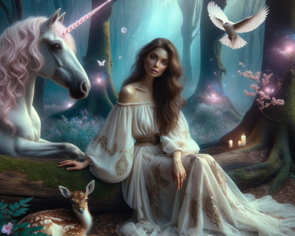 Mystical Forest Scene with Unicorn and Young Woman