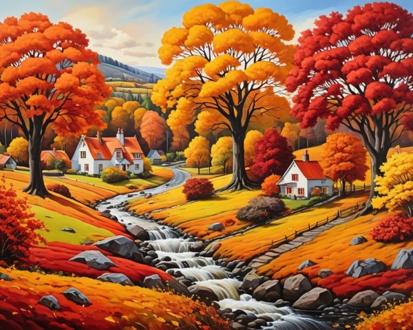 Autumn Landscape with Colorful Trees and Cottages