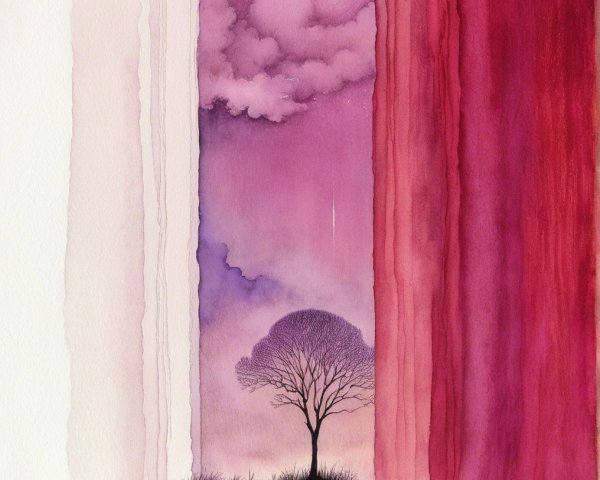 Watercolor Painting of a Tree at Sunset Reflection