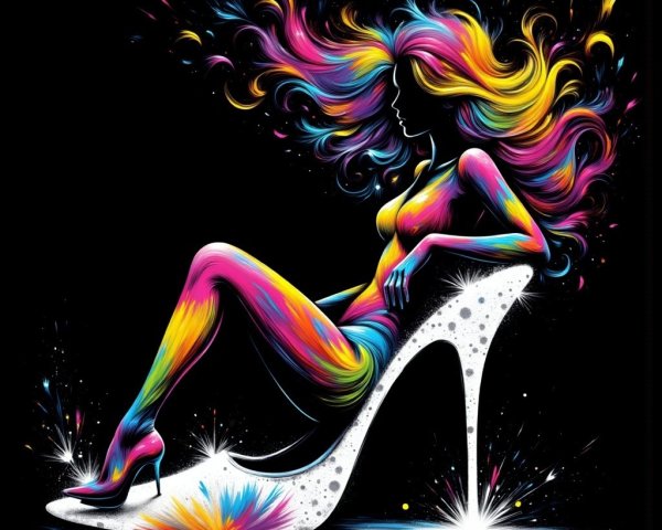 Vibrant Artistic Depiction of Woman on High-Heeled Shoe