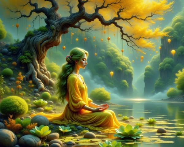 Woman Meditating by a Tranquil Lake in Nature