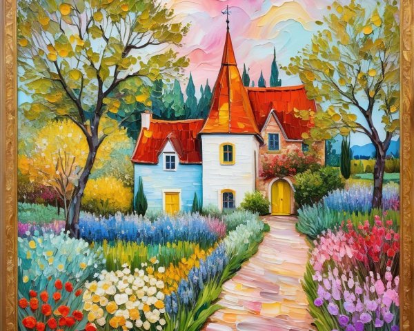 Impressionistic Painting of a House in a Garden