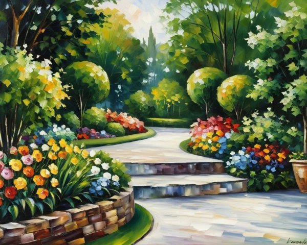 Vibrant Garden with Stone Pathway and Colorful Blooms