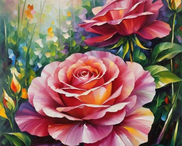 Colorful Painting of Two Blooming Roses and Leaves