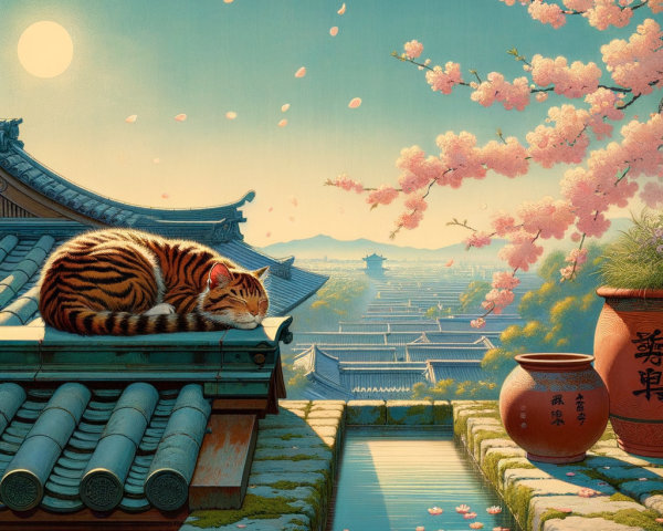 Sunset Rooftop Scene with Cat and Cherry Blossoms