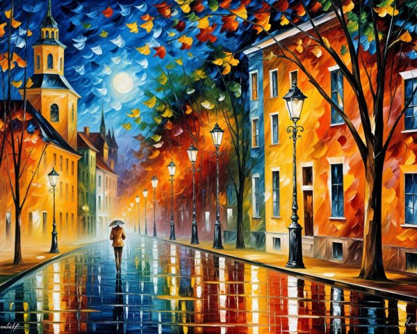 Autumn Scene with Cobblestone Street and Colorful Trees