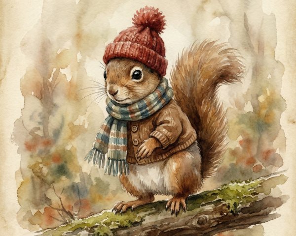 Watercolor of a squirrel in winter attire on a branch