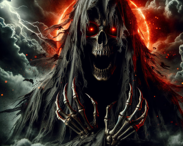 Menacing Figure with Glowing Eyes in Stormy Atmosphere