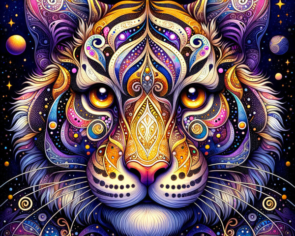 Vibrant Illustration of a Tiger's Cosmic Face