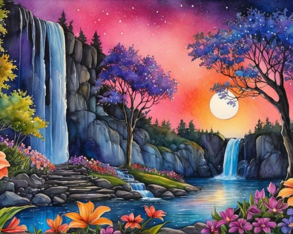 Vibrant Landscape with Waterfalls and Colorful Flora