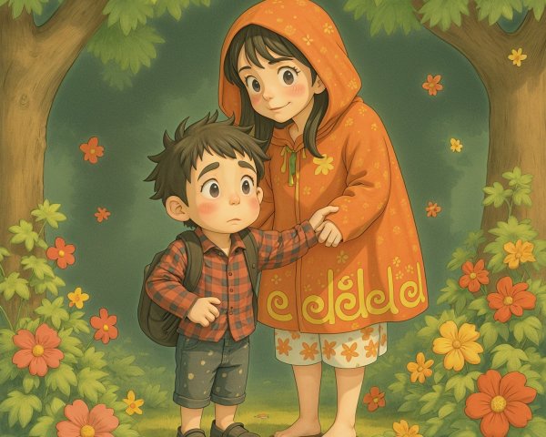 Whimsical Forest Scene with Two Children Holding Hands