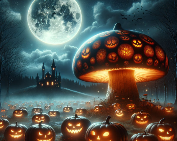 Spooky Halloween Scene with Glowing Mushroom and Castle