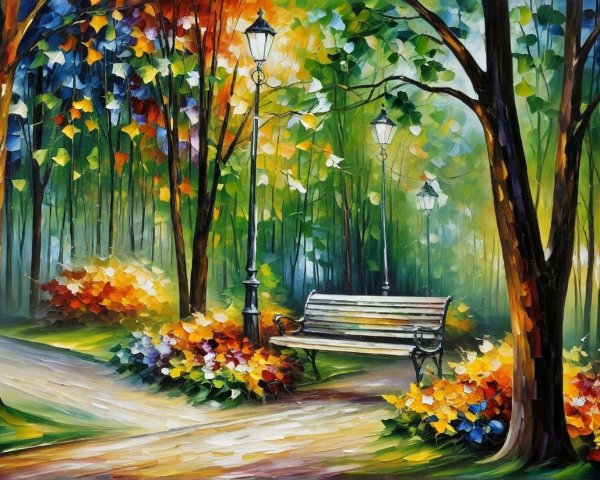 Autumn Park Scene with Colorful Leaves and Benches